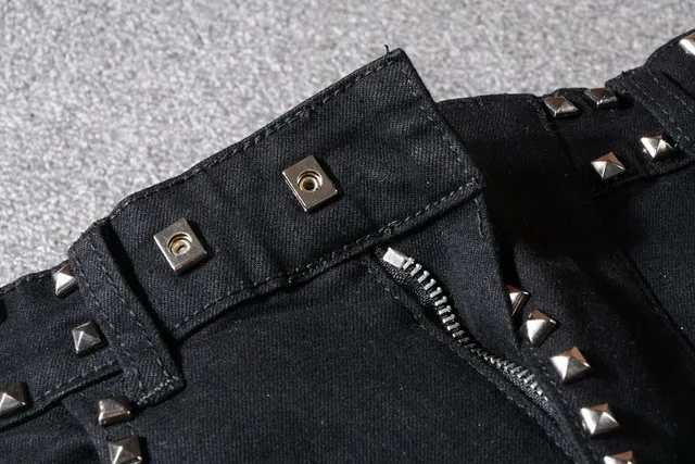 Balmain Biker Pantalon Jean Noir Argenté Clouté à Fermeture Éclair 11