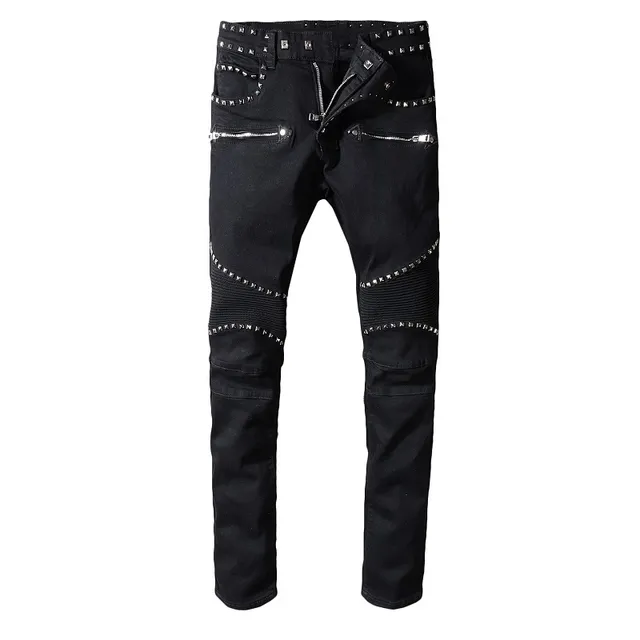 Balmain Biker Pantalon Jean Noir Argenté Clouté à Fermeture Éclair 13