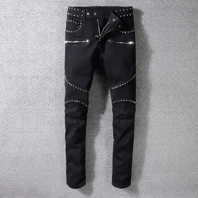 Balmain Biker Pantalon Jean Noir Argenté Clouté à Fermeture Éclair 14