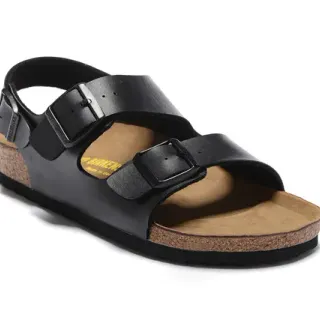 Birkenstock Arizona काला चमड़ा डबल बकल केजुअल सैंडल