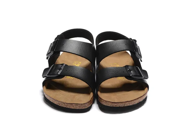 Birkenstock Arizona काला चमड़ा डबल बकल केजुअल सैंडल 5