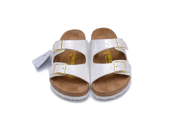 Birkenstock Arizona ক্যাজুয়াল স্যান্ডাল সাদা ইরিডেসেন্ট স্কেল টেক্সচার্ড 3
