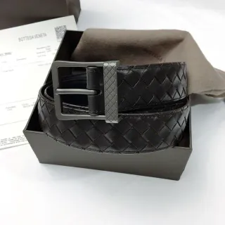 Bottega Veneta Black Gray Woven Intrecciato Gunmetal Rectangular Buckle Leather Belt