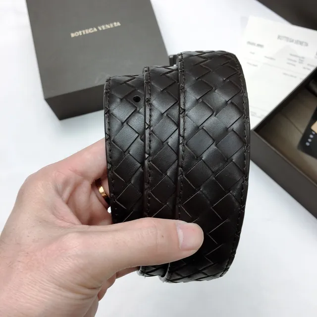 Bottega Veneta Cinto de Couro Preto Cinza Tecido Intrecciato Gunmetal Fivela Retangular 2