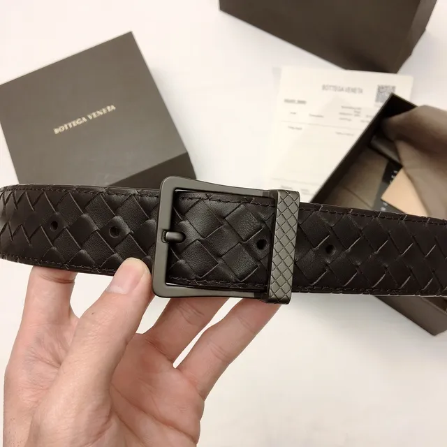 Bottega Veneta Cinto de Couro Preto Cinza Tecido Intrecciato Gunmetal Fivela Retangular 4