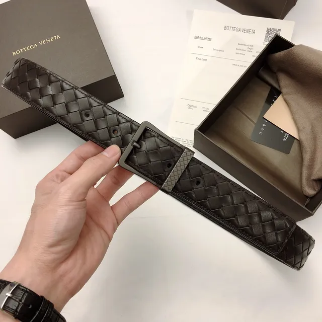 Bottega Veneta Cinto de Couro Preto Cinza Tecido Intrecciato Gunmetal Fivela Retangular 5