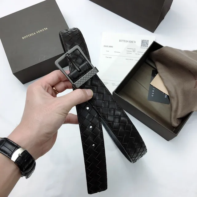 Bottega Veneta Cinto de Couro Preto Cinza Tecido Intrecciato Gunmetal Fivela Retangular 6