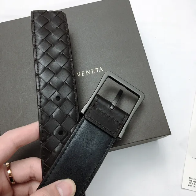 Bottega Veneta Cinto de Couro Preto Cinza Tecido Intrecciato Gunmetal Fivela Retangular 7