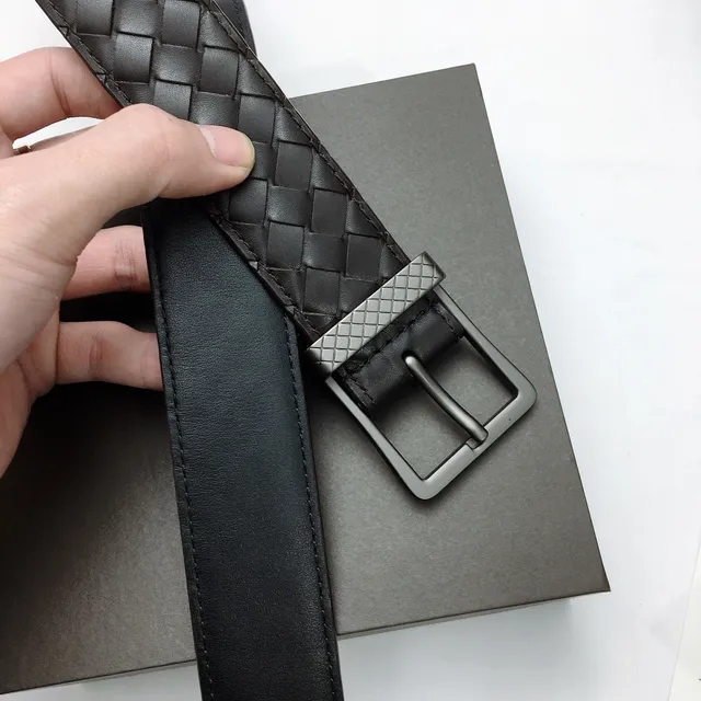 Bottega Veneta Cinto de Couro Preto Cinza Tecido Intrecciato Gunmetal Fivela Retangular 8