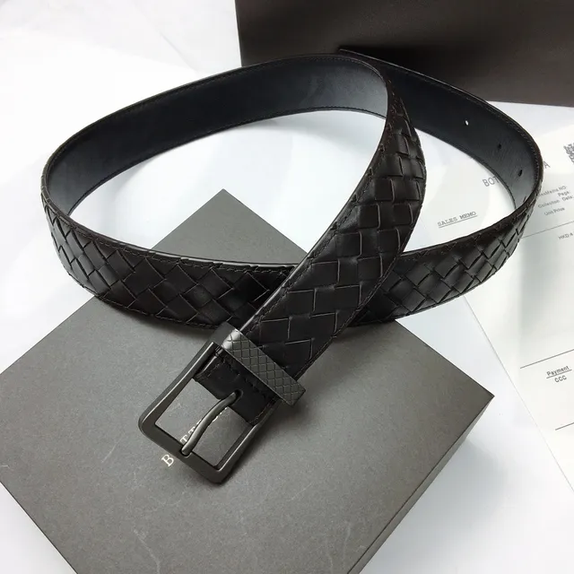 Bottega Veneta Cinto de Couro Preto Cinza Tecido Intrecciato Gunmetal Fivela Retangular 9