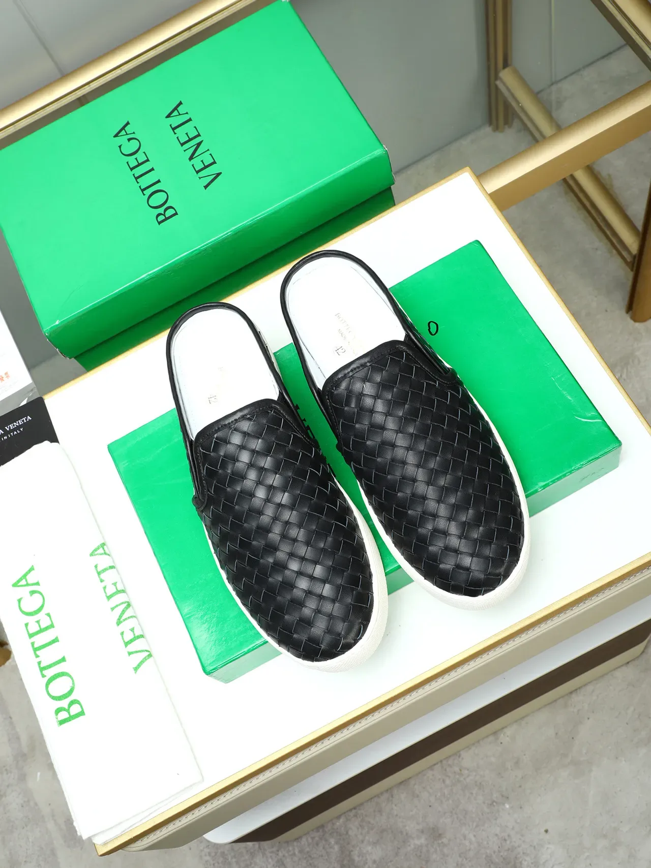 Bottega Veneta Black White Woven Leather Slip-On Mule Loafer 3