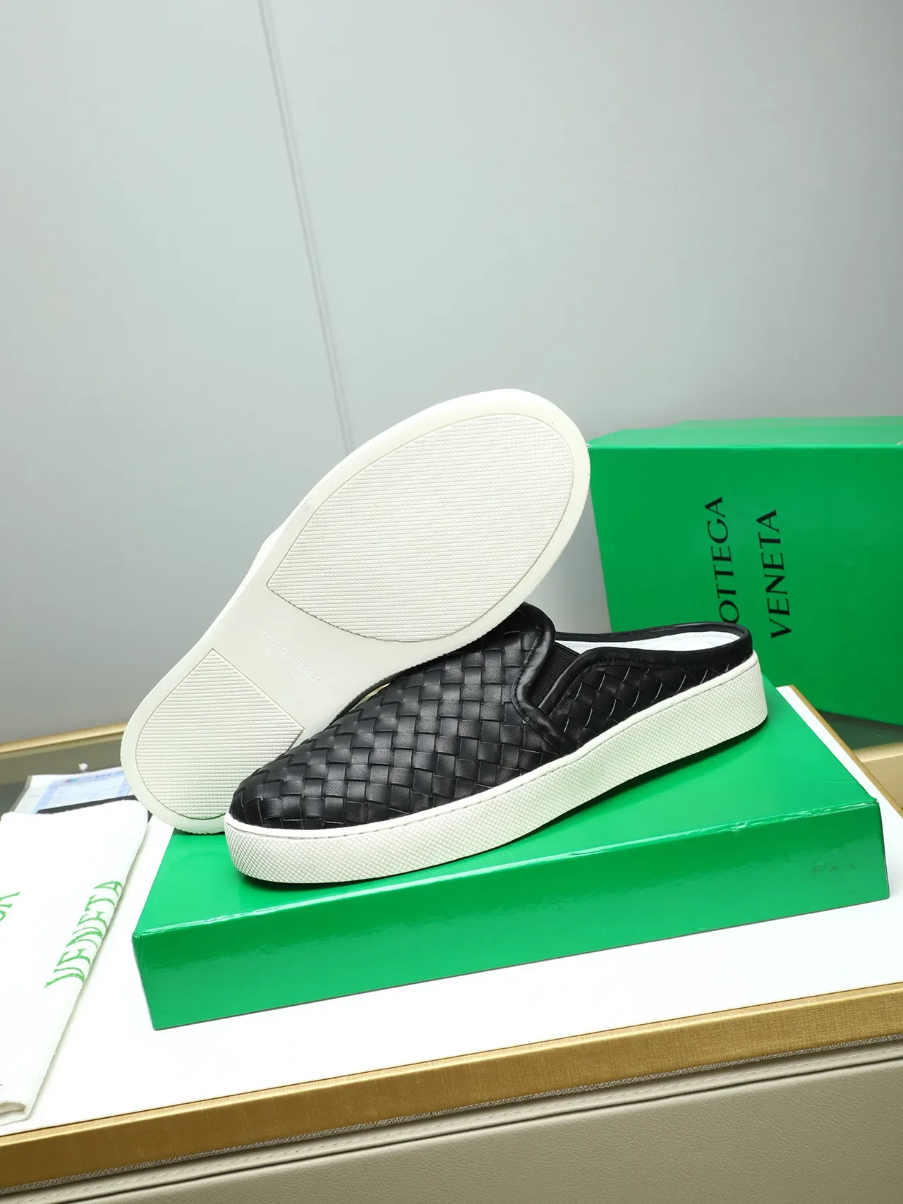 Bottega Veneta Black White Woven Leather Slip-On Mule Loafer 4