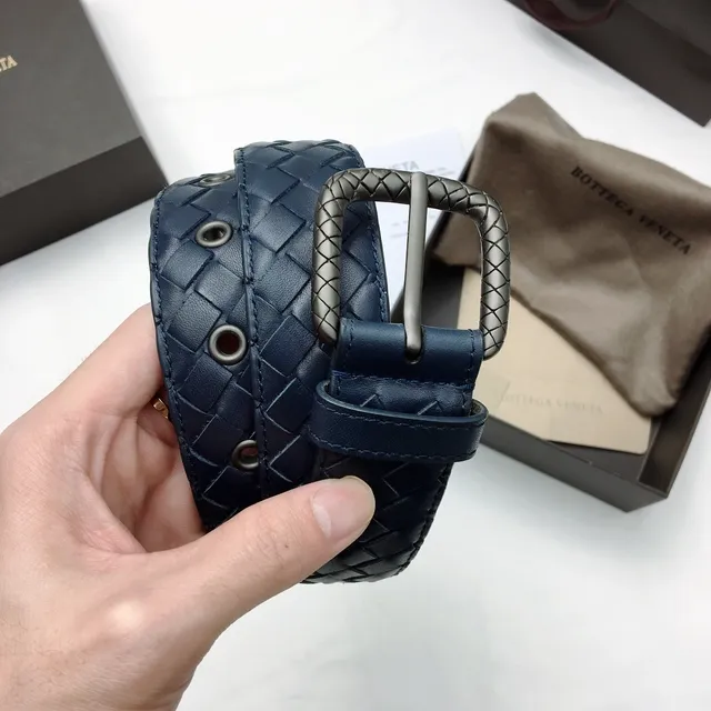Bottega Veneta Intrecciato Belt Navy Silver Woven Rectangular Buckle Leather Belt 3