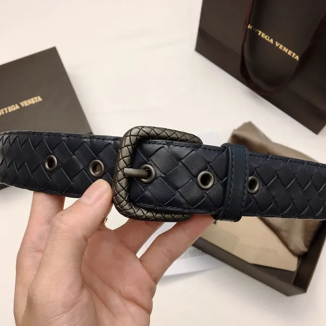 Bottega Veneta Intrecciato Belt Navy Silver Woven Rectangular Buckle Leather Belt 4