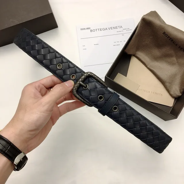 Bottega Veneta Intrecciato Belt Navy Silver Woven Rectangular Buckle Leather Belt 5