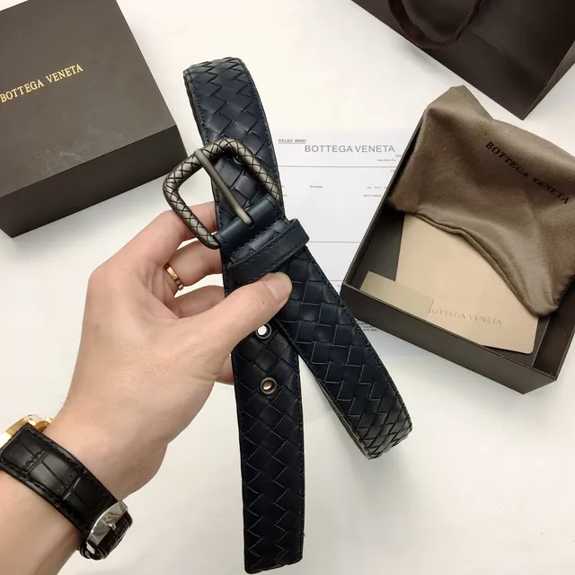 Bottega Veneta Intrecciato Belt Navy Silver Woven Rectangular Buckle Leather Belt 6