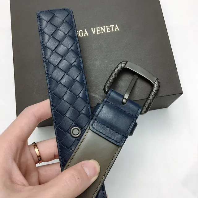 Bottega Veneta Intrecciato Belt Navy Silver Woven Rectangular Buckle Leather Belt 7