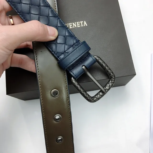 Bottega Veneta Intrecciato Belt Navy Silver Woven Rectangular Buckle Leather Belt 8