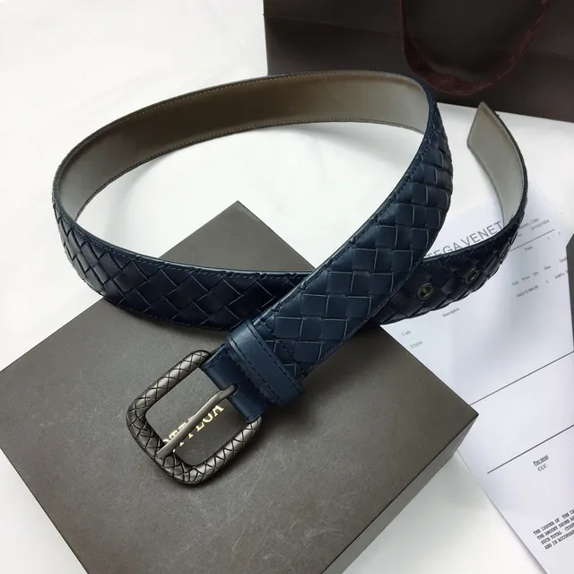 Bottega Veneta Intrecciato Belt Navy Silver Woven Rectangular Buckle Leather Belt 9