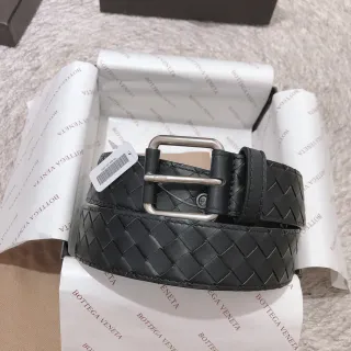 Bottega Veneta Intrecciato Black Silver Woven Rectangular Buckle Leather Belt