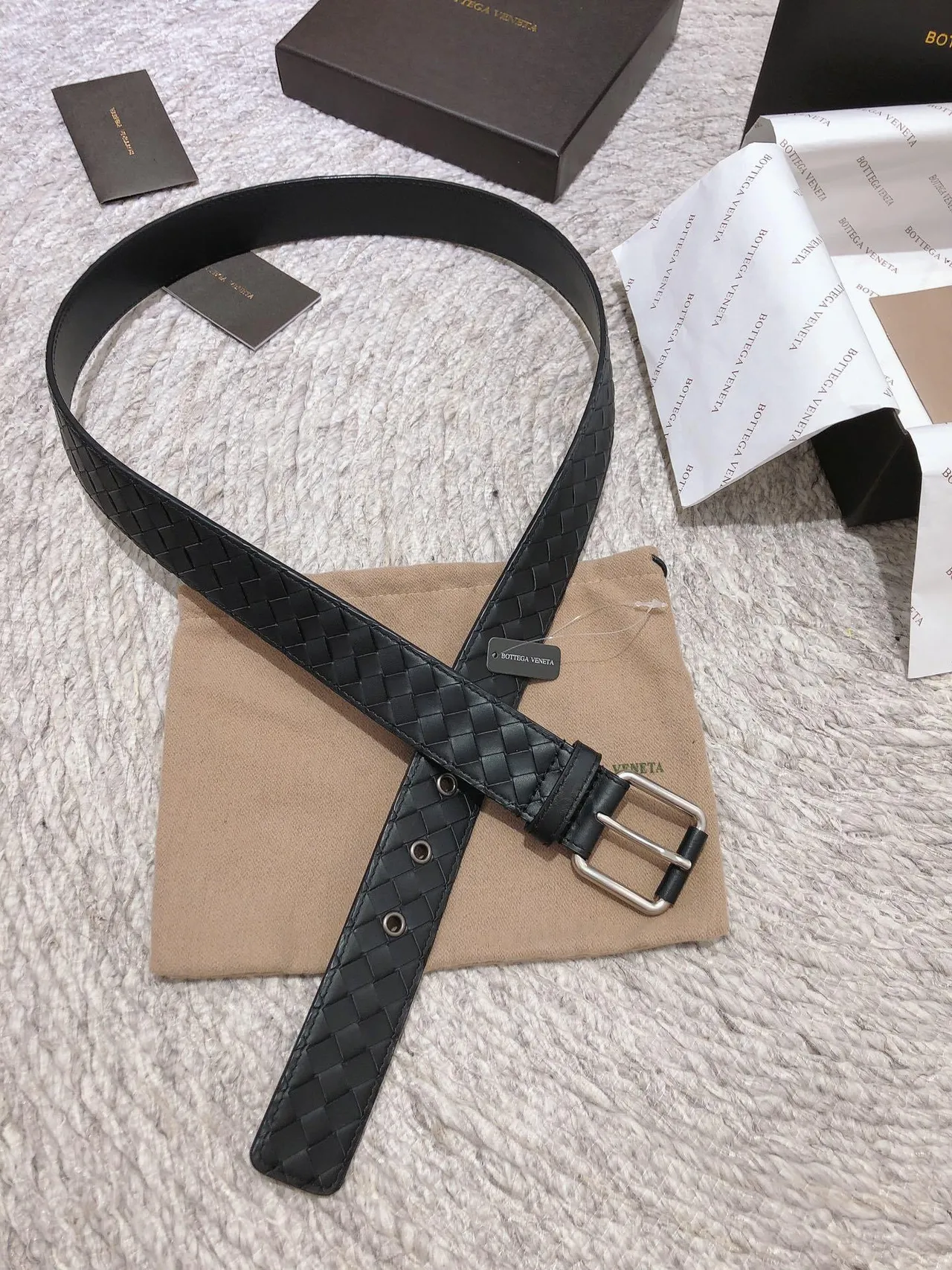 Bottega Veneta Intrecciato Ceinture en cuir noire argentée tissée boucle rectangulaire 6