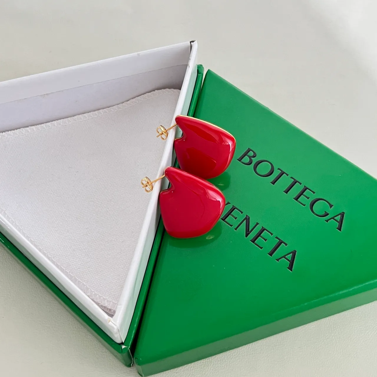Bottega Veneta Red Enamel Asymmetrical Teardrop Stud Earrings 4