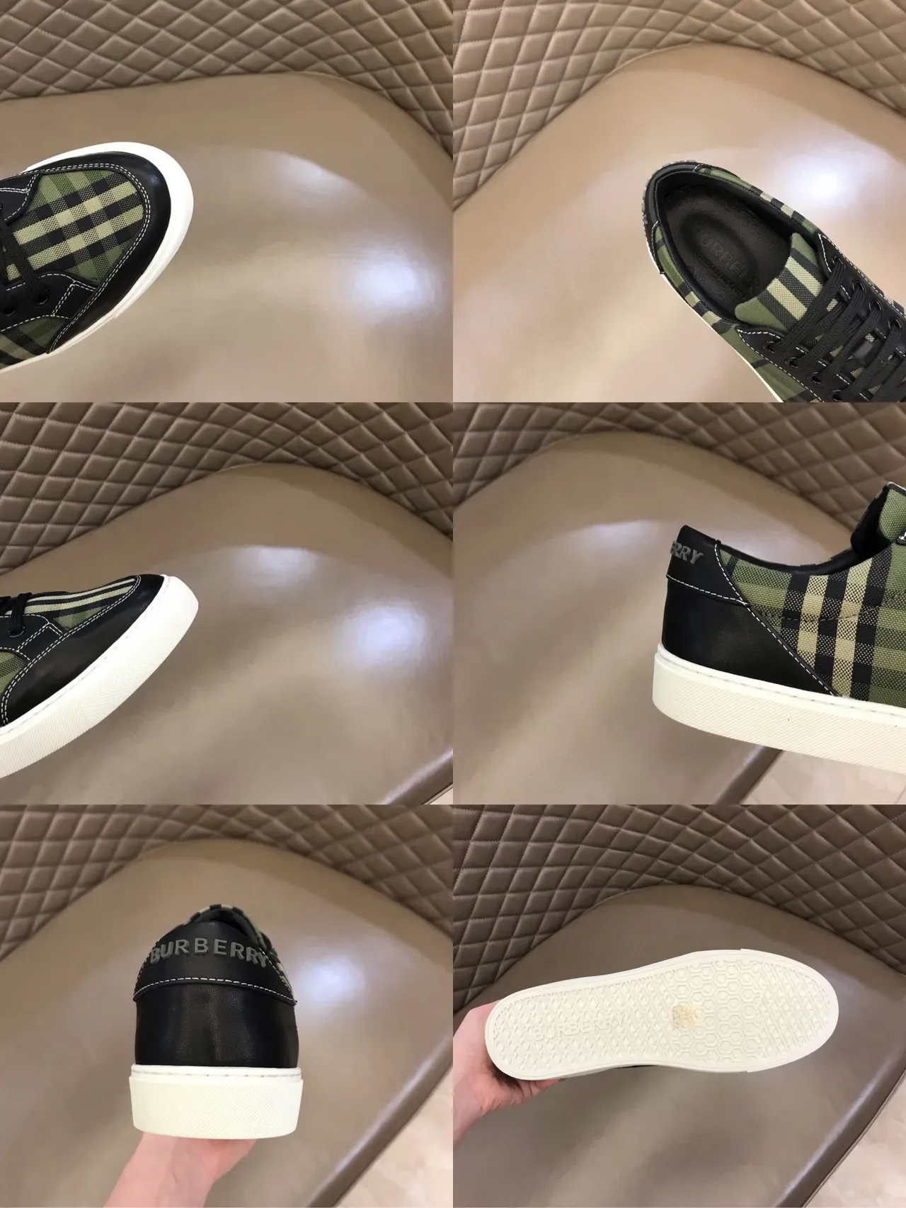 Burberry سنيكرز لايف ستايل أخضر عسكري أسود شيك بلايد أوفرليهات جلد علوية 2