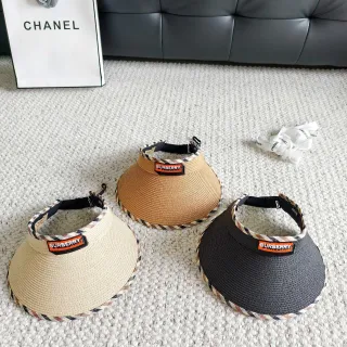 Burberry Beige Black Woven Straw-Like Material Check-Pattern Trim Bucket Hat