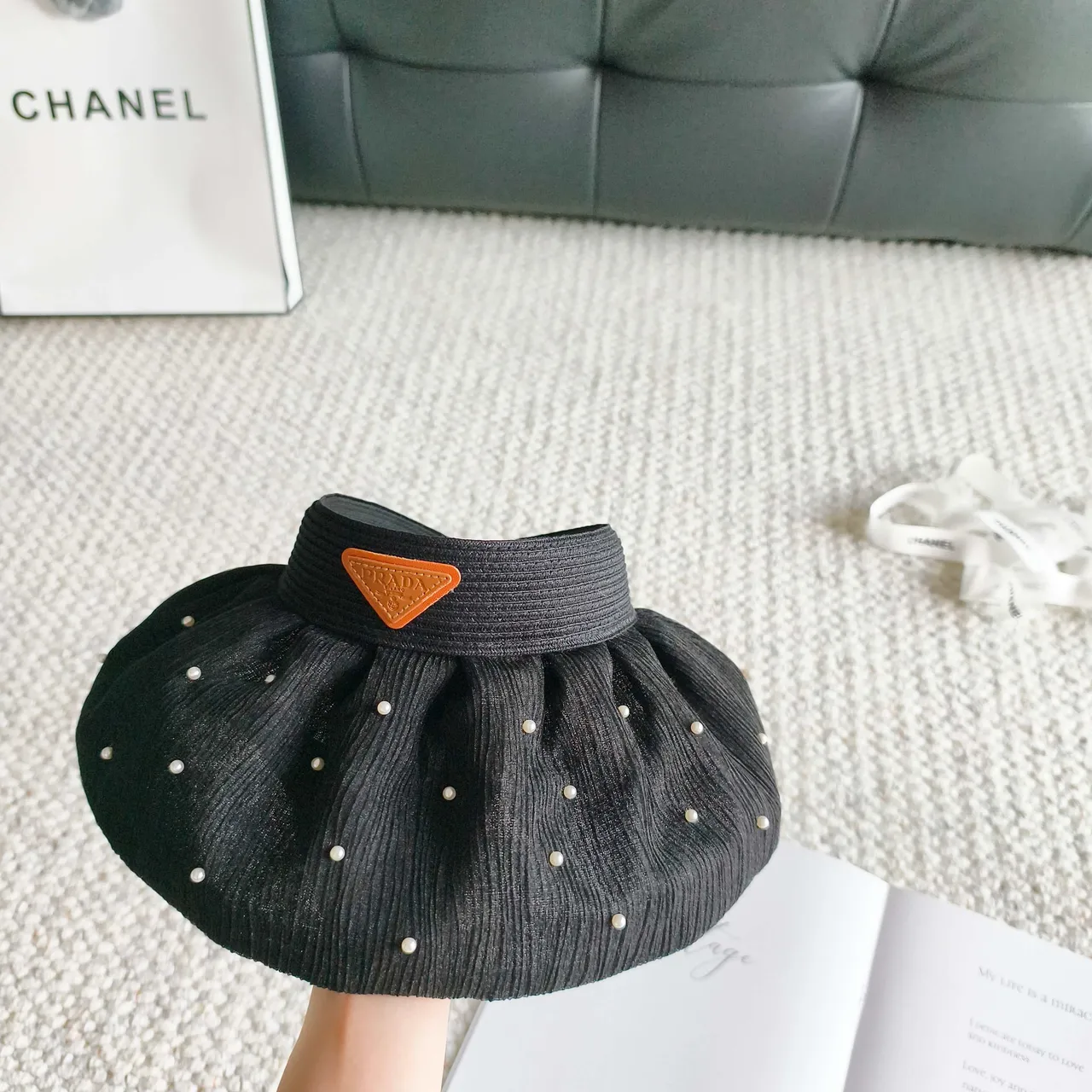 Burberry Beige Black Woven Straw-Like Material Check-Pattern Trim Bucket Hat 2