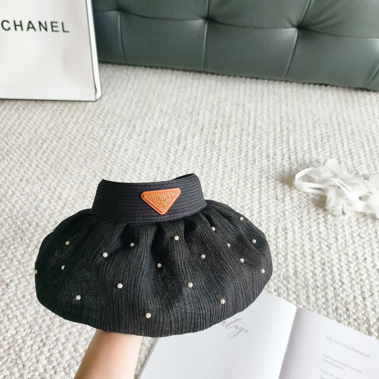 Burberry Beige Black Woven Straw-Like Material Check-Pattern Trim Bucket Hat 3