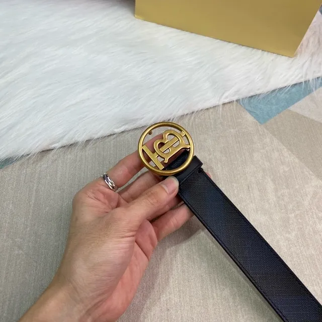 Burberry Black Gold Monogram Buckle Textured Leather Belt 2