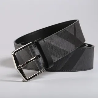 Burberry Noir Gris Motif géométrique à carreaux Boucle argentée polie Ceinture en cuir