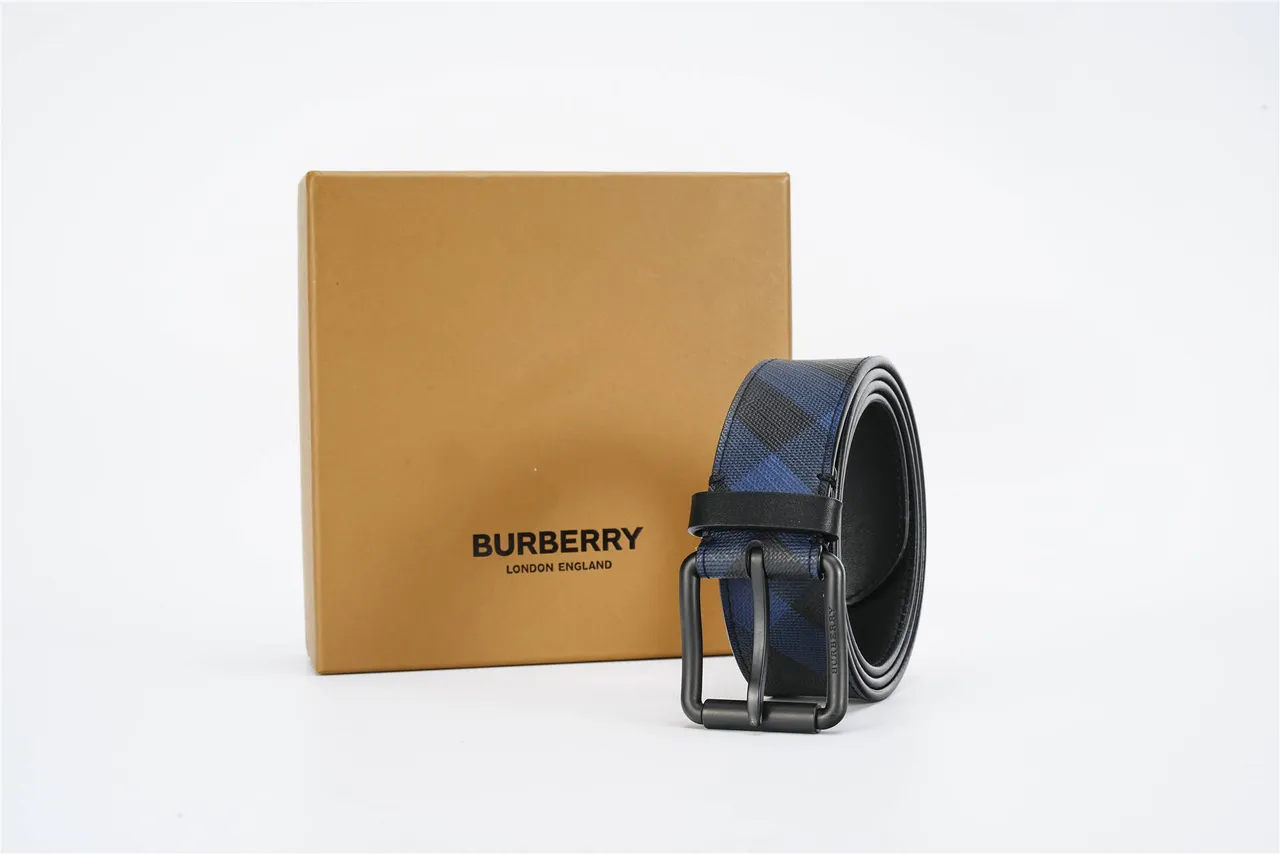 Burberry Check Pattern Blue and Black Leather Belt 7