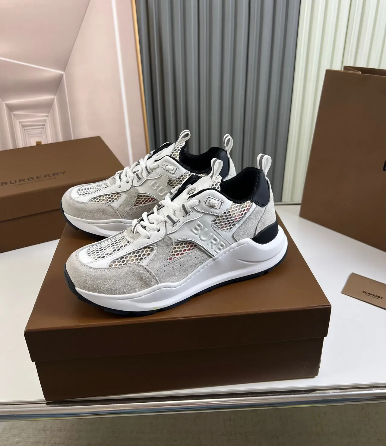 Burberry Gray Black Sole Mixed Suede And Mesh Upper Chunky Sneakers 8