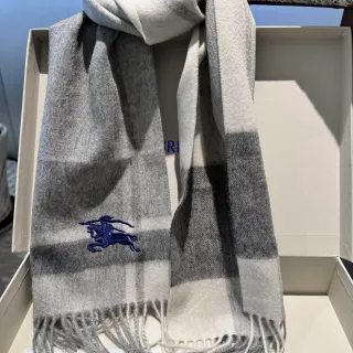 Burberry Gray Blue Check-Patterned Embroidered Logo Cashmere Scarf