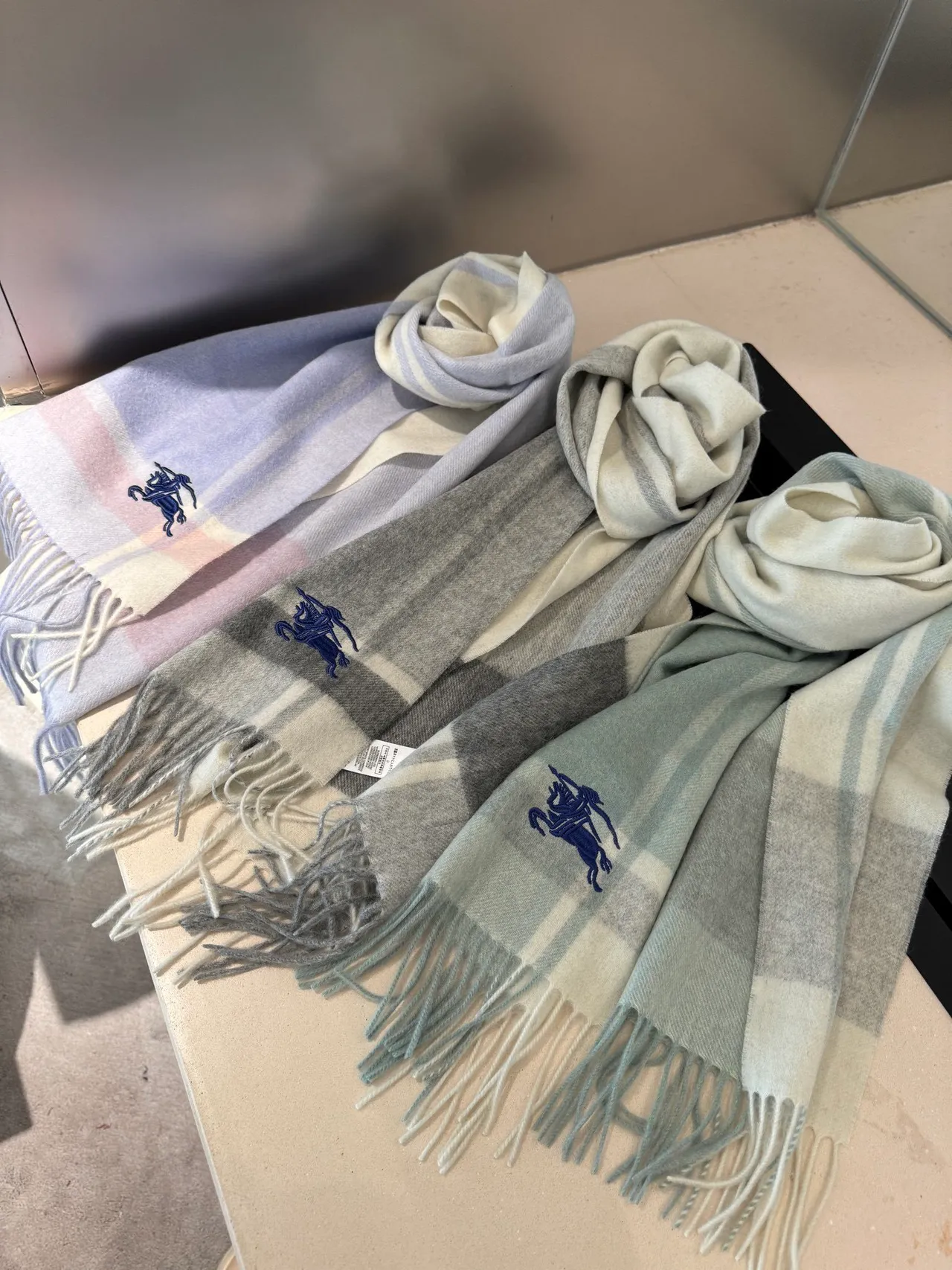 Burberry Gray Blue Check-Patterned Embroidered Logo Cashmere Scarf 4