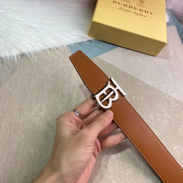Burberry Knight Brown Black Tan Smooth Silver-Tone TB Monogram Buckle Leather Belt 2
