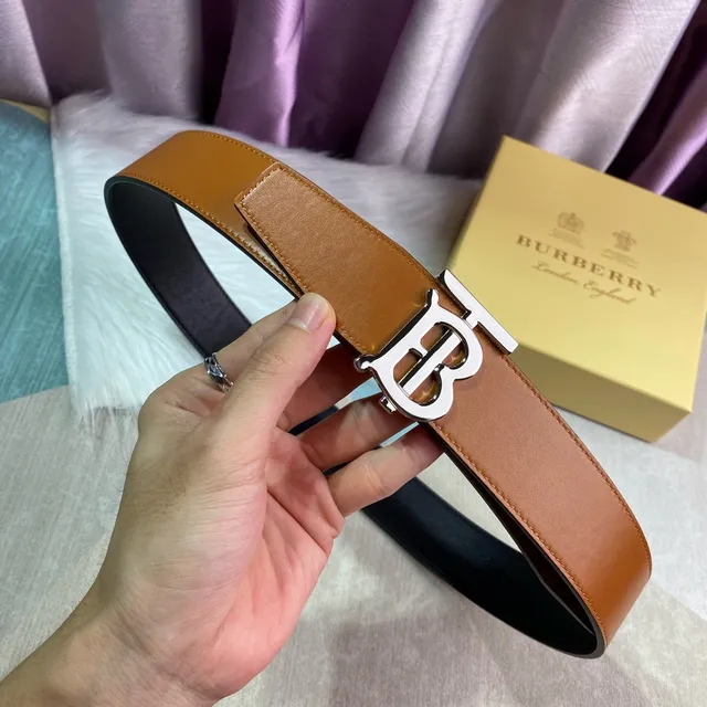 Burberry Knight Brown Black Tan Smooth Silver-Tone TB Monogram Buckle Leather Belt 3