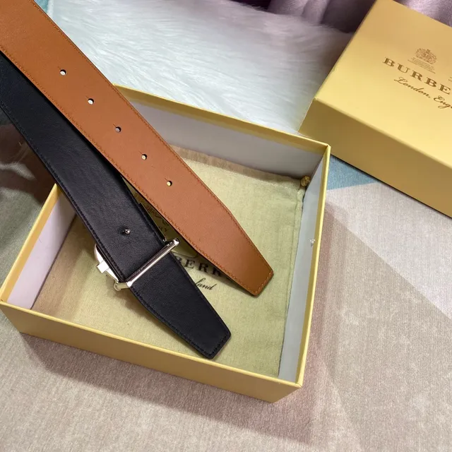 Burberry Knight Brown Black Tan Smooth Silver-Tone TB Monogram Buckle Leather Belt 6
