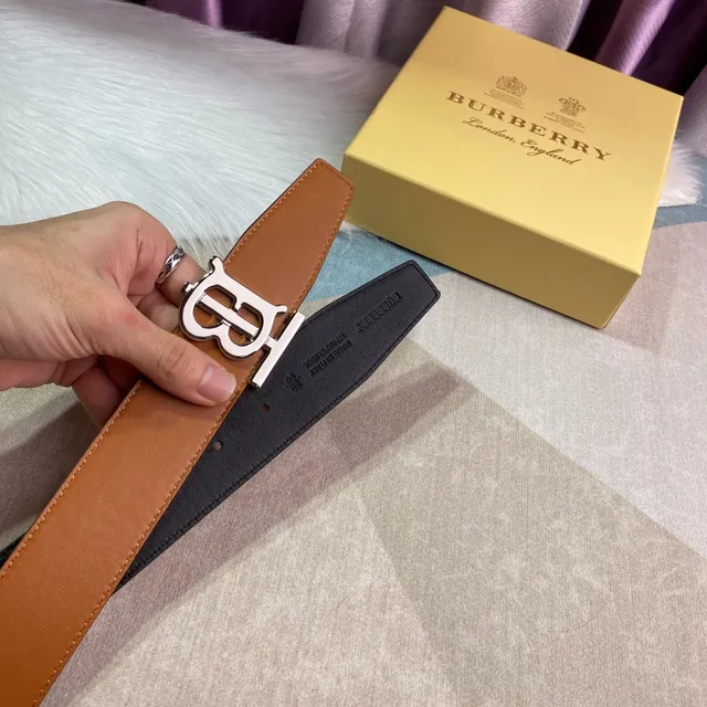 Burberry Knight Brown Black Tan Smooth Silver-Tone TB Monogram Buckle Leather Belt 7