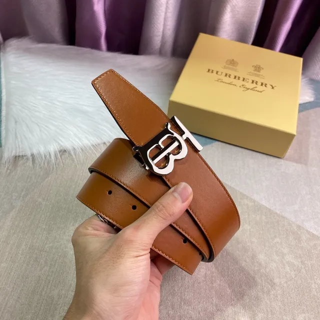 Burberry Knight Brown Black Tan Smooth Silver-Tone TB Monogram Buckle Leather Belt 8
