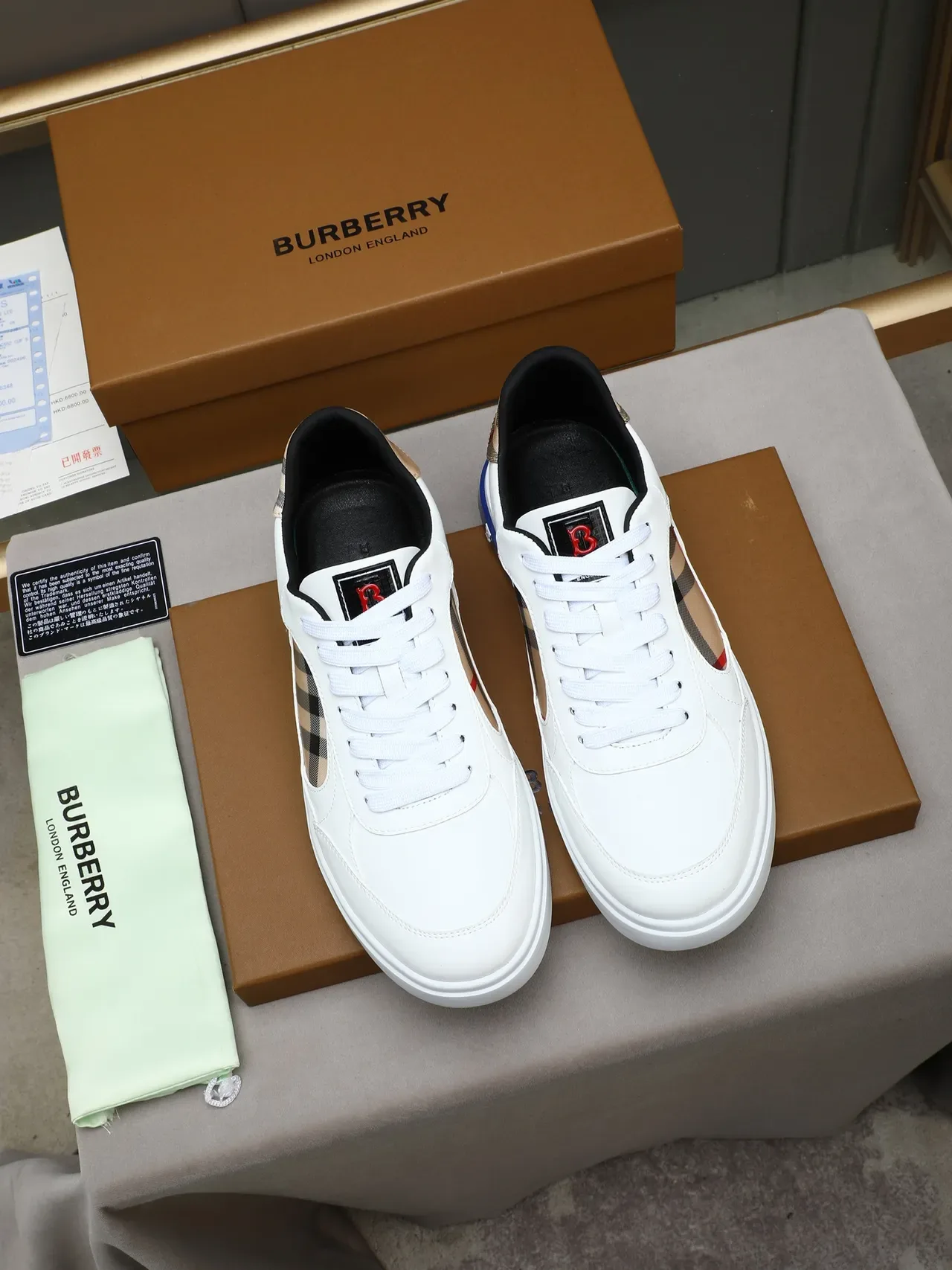 Burberry Knight Blanco Azul Cuero Superior Panel Iconico Check Zapatillas Lifestyle 2