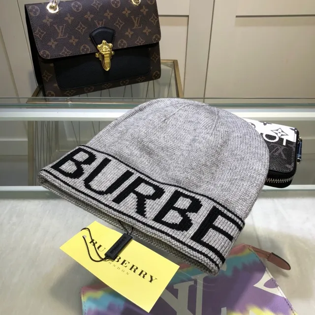 Burberry Logo-Band Tricô Cinza Preto Punho Boné 4