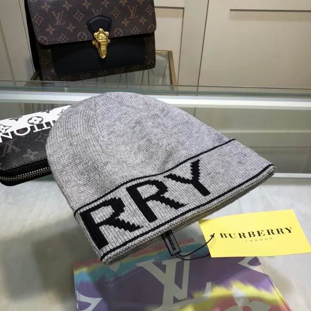Burberry Logo-Band Tricô Cinza Preto Punho Boné 5