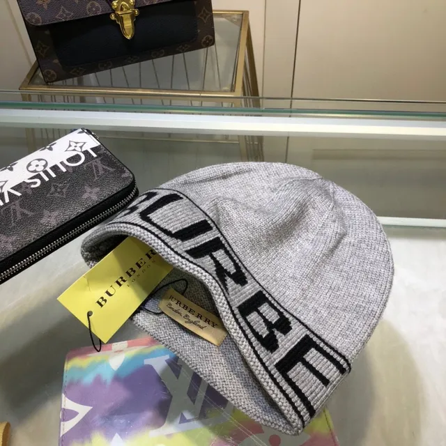 Burberry Logo-Band Tricô Cinza Preto Punho Boné 6