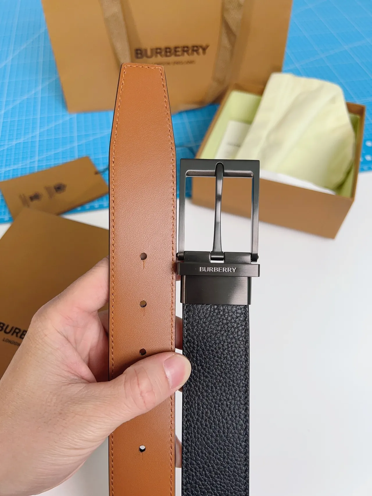 Burberry Reversible Buckle Black Pebbled Leather Belt 3