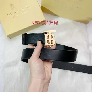 Burberry TB Belt Black Gold Smooth Monogram Buckle Leather Belt