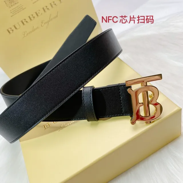 Burberry TB Belt 黑色金色 光滑印花 扣头 皮革腰带 6