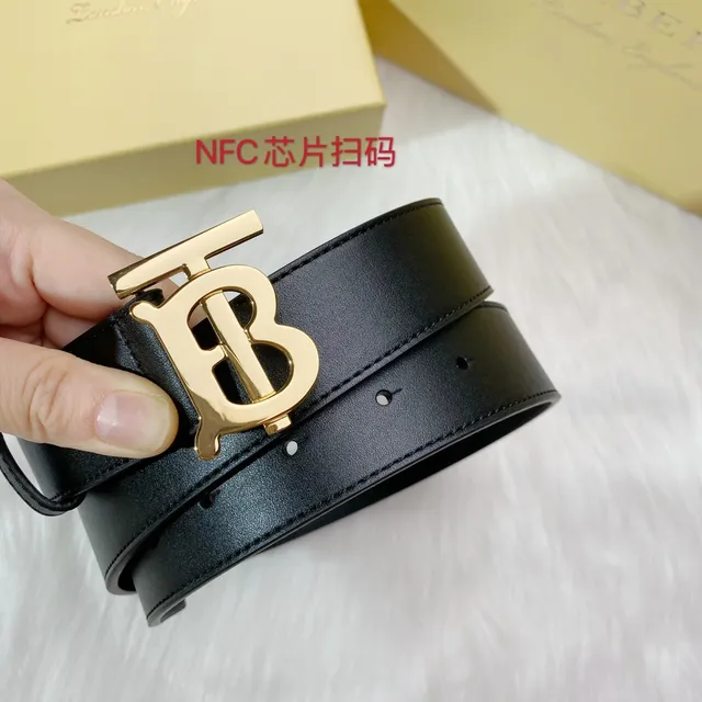 Burberry TB Belt 黑色金色 光滑印花 扣头 皮革腰带 8