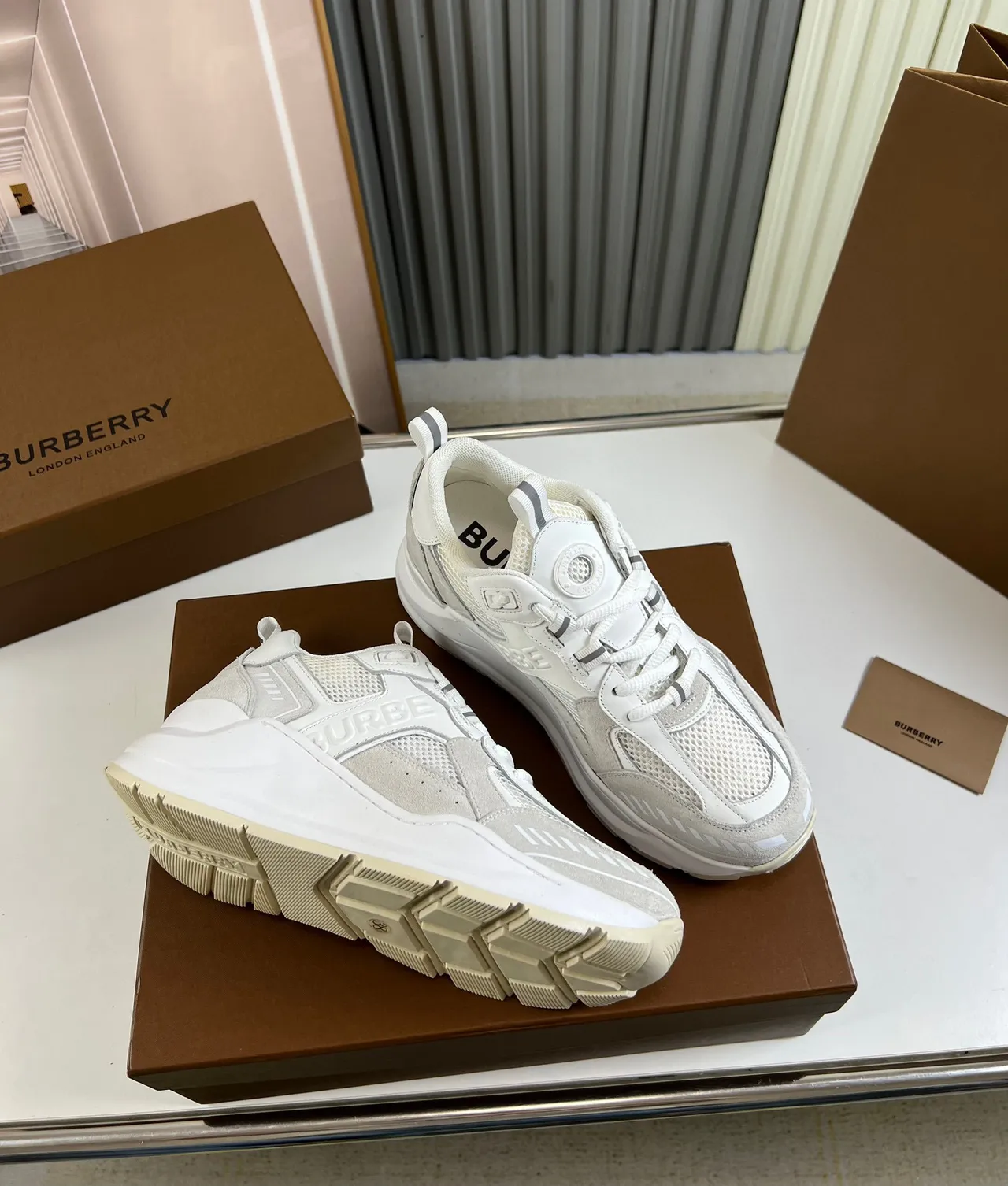 Burberry White Gray Sole Mesh And Suede-Like Paneling Chunky Sneakers 6
